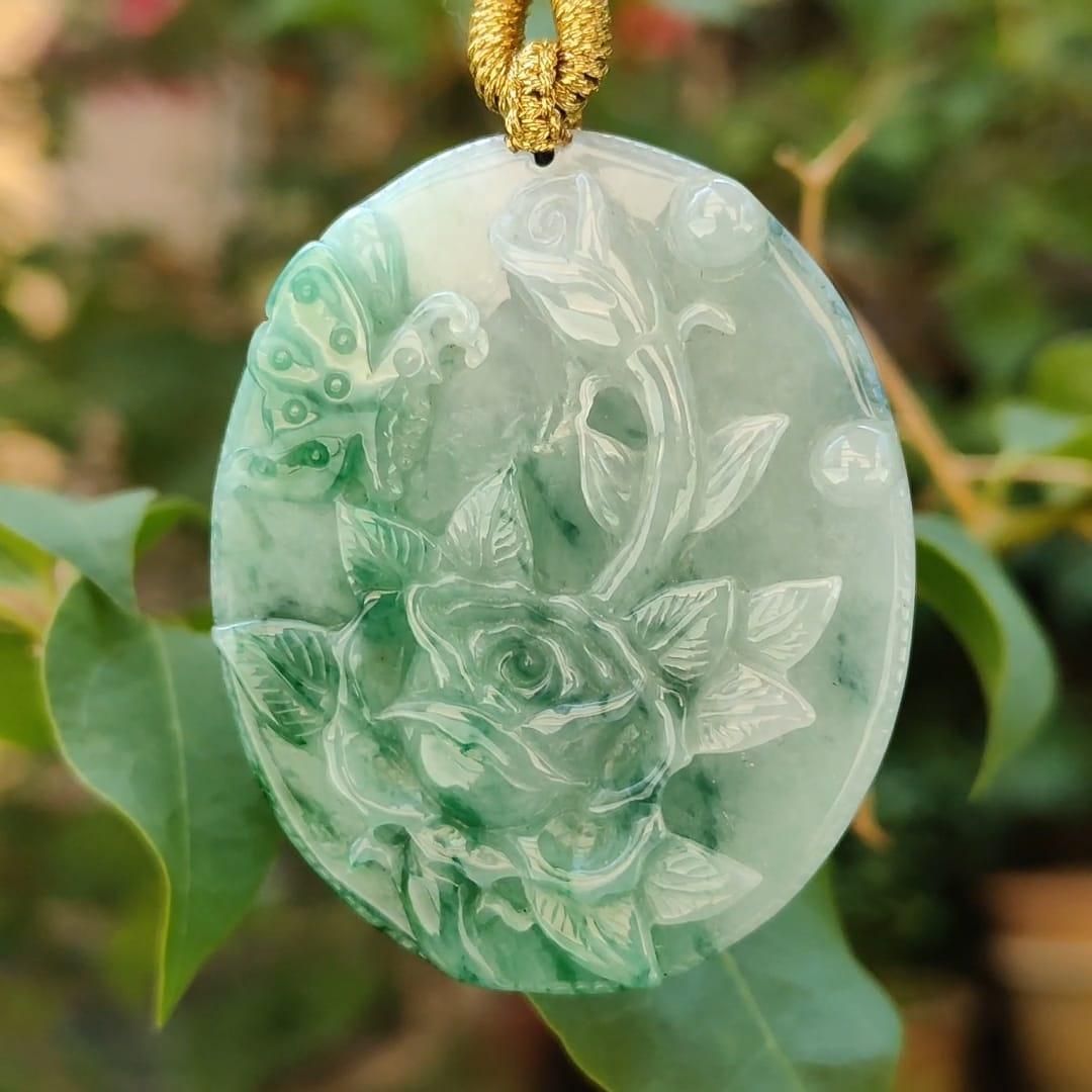 Green with green patches Natural Type A Jadeite Pendant carved with Butterfly and flowers represents Sweet Love with happy marriage, wealthy with flowers blooming and mutual love, certificate weigh 26.02 g, 49.3 * 40.6 * 6.8 mm (pendant84) Yi Pin Qian