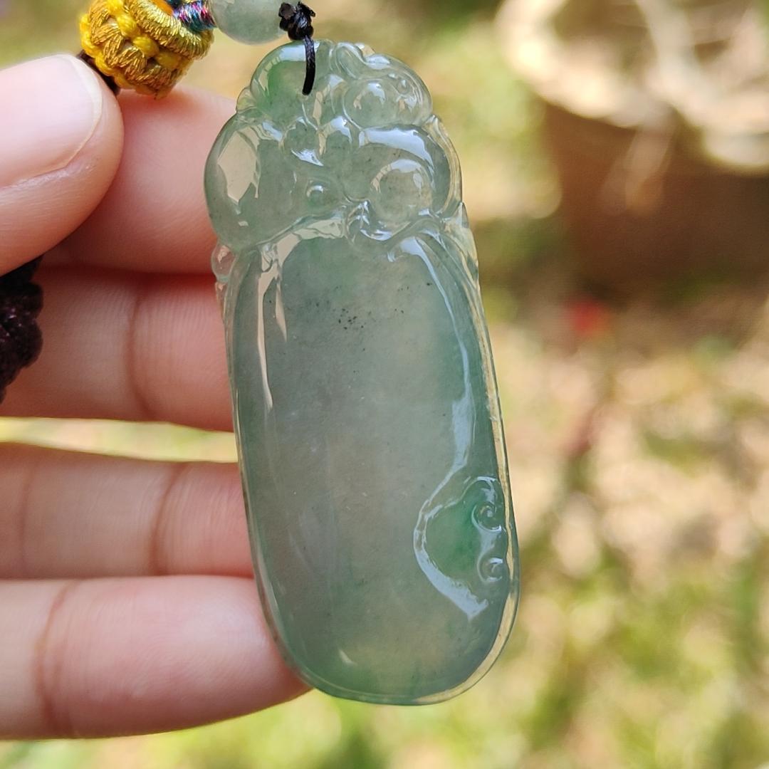 Premium Quality Icy Translucent Green with Green Patches Natural Type A Jadeite Jade crafted with Squirrel and Ruyi as Pendant, certificate weigh 17.83 grams, measurement 49.3 * 21 * 9.3 mm (pendant225) Yi Pin Qian