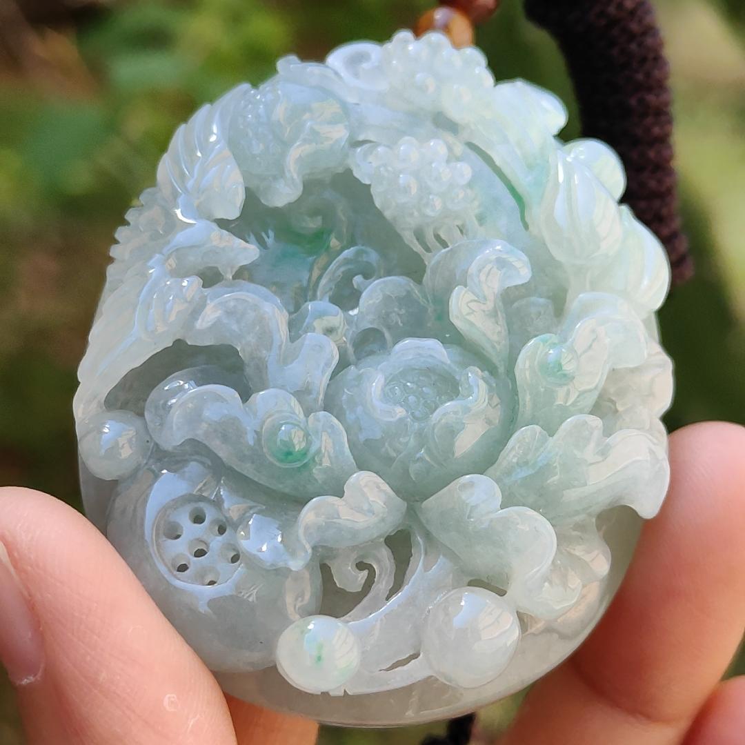 Green with Bluish Green Hue Natural Type A Jadeite Pendant Necklace crafted with Bird and flowers, symbols of Auspiciousness, blessing, Nature and vitality, certificate included weigh 69.39 grams, 55.2 * 45.8 * 15.8 mm, suitable for collection (pendant49) Yi Pin Qian
