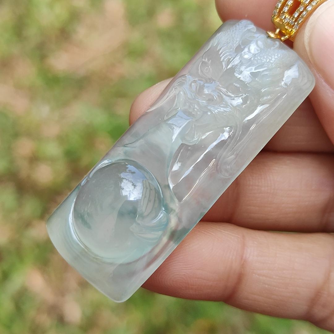 Premium Icy Translucent Light Green Natural Type A Jadeite Jade crafted with Dragon set on 18k Gold as Pendant, certificate weighs 12.99 grams, measurement 46.8 * 19.7 * 7.7 mm (18kp43) Yi Pin Qian
