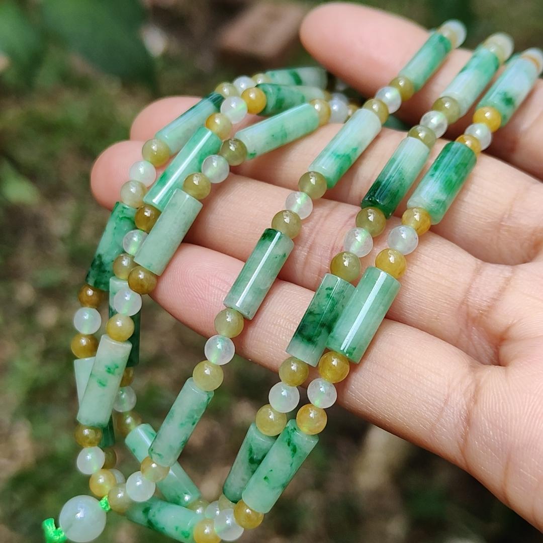 Green, Yellow, Semi Icy White Mix Beads Natural Type A Jadeite Jade as Bracelet or Necklace for your pendant with certificate weigh 31.94 grams. (bracelet18) Yi Pin Qian