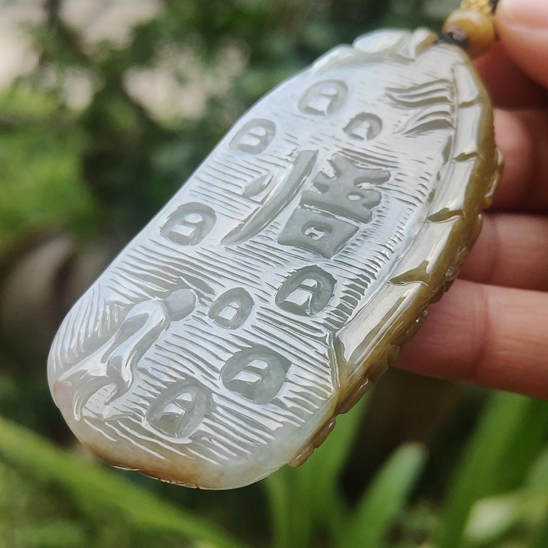High Quality Yellow with Light Green Natural Type A Jadeite Jade crafted with Buddha and Monk as Pendant, certificate weigh 54.87 grams, measurement 71.6 * 35.6 * 9.5 mm (pendant262) Yi Pin Qian