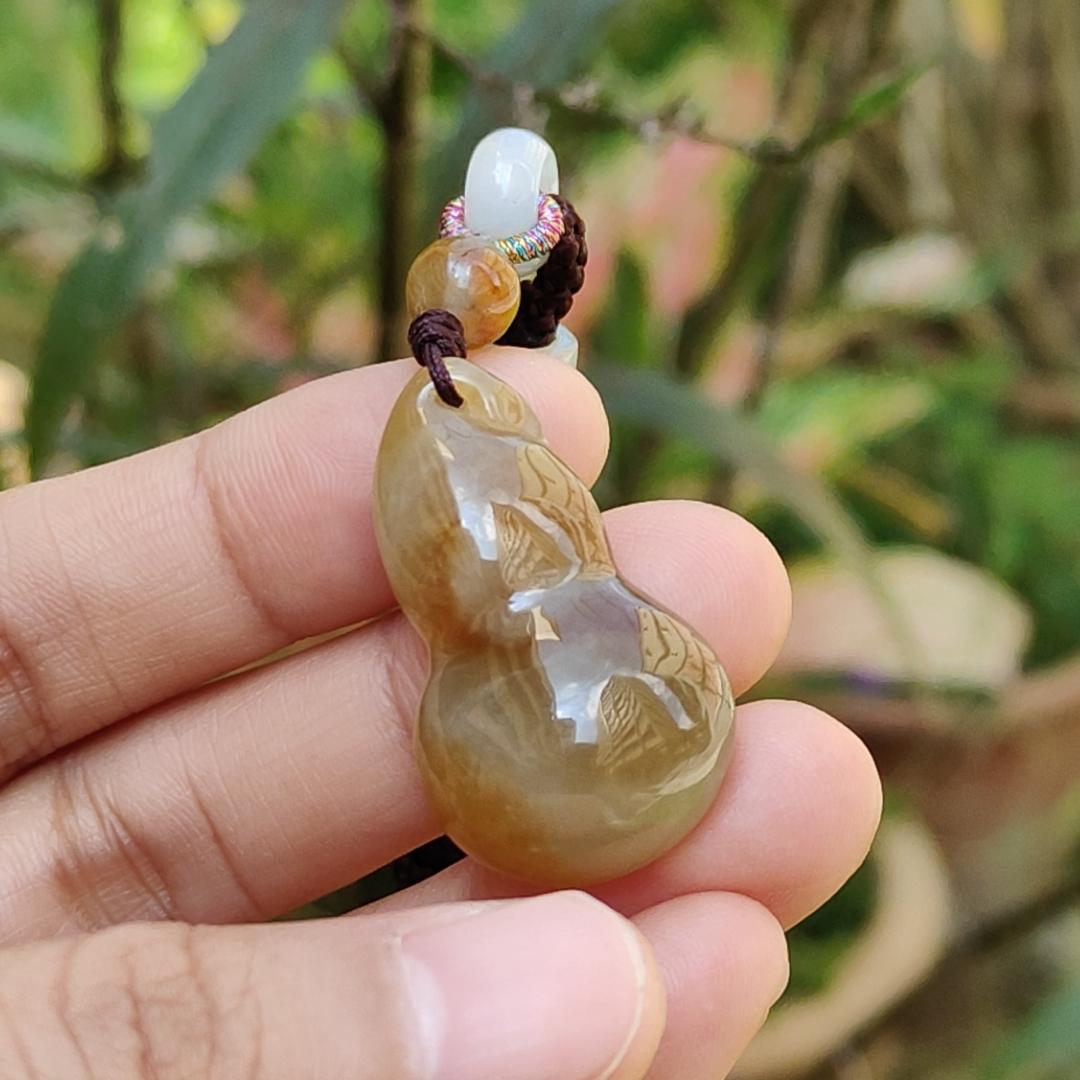 Premium Semi Icy Yellow Natural Type A Jadeite Pendant Necklace crafted as a gourd, symbols of Happiness, wealth, longevity, with certificate weigh 9.16 grams, 32.6 * 18.7 * 10.3 mm, suitable for daily wear or collection purpose Yi Pin Qian
