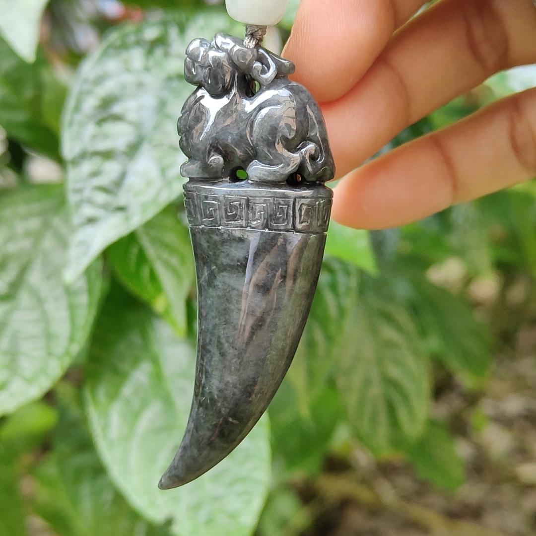 Black Wuji Natural Type A Jadeite Pendant Carved with Dragon Teeth plus Pixiu come with certificate weight 30.85, 70.3 * 23.1 * 13 mm (pendant100) Yi Pin Qian