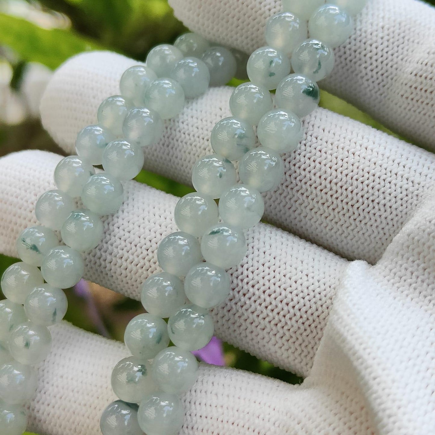 108 beads 6.5mm crafted on High Quality Green Patches Natural Type A Jadeite Jade as Necklace or Bracelet certificate weighs 50.86 grams (bracelet32) Yi Pin Qian Jadeites Jade Jewelry ~Your Precious Quintessential ~ Singapore