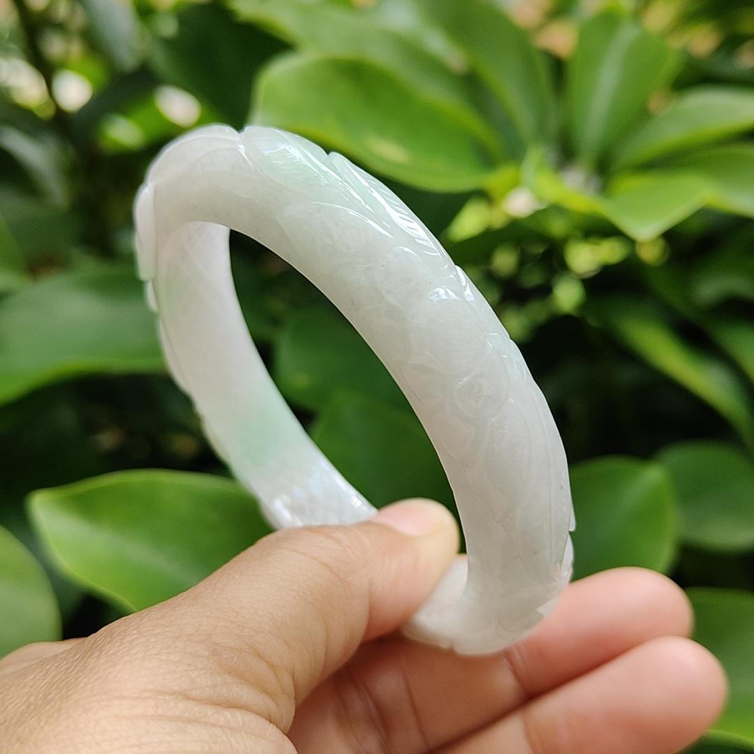 Type A Natural Jadeite Jade - Light Lavender Light Green Peace Bangle crafted with Patterns of Flowers, certificate weighs 54.67 grams, Wrist Size 56.6mm, Width 11.7 and Thickness 9mm (bangle11) Yi Pin Qian Jadeites Jade Jewelry ~Your Precious Quintessential ~ Singapore