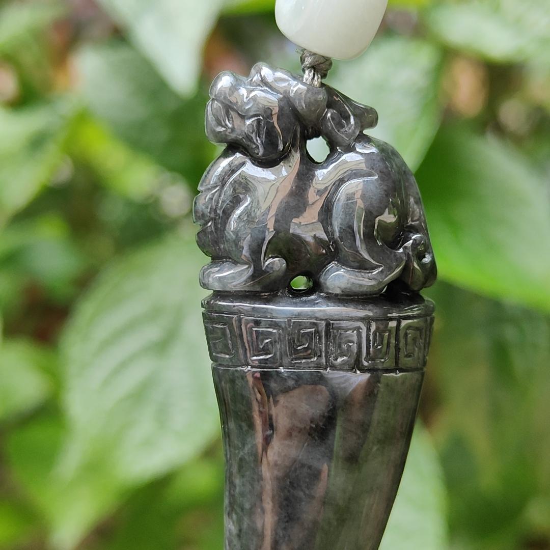 Black Wuji Natural Type A Jadeite Pendant Carved with Dragon Teeth plus Pixiu come with certificate weight 30.85, 70.3 * 23.1 * 13 mm (pendant100) Yi Pin Qian