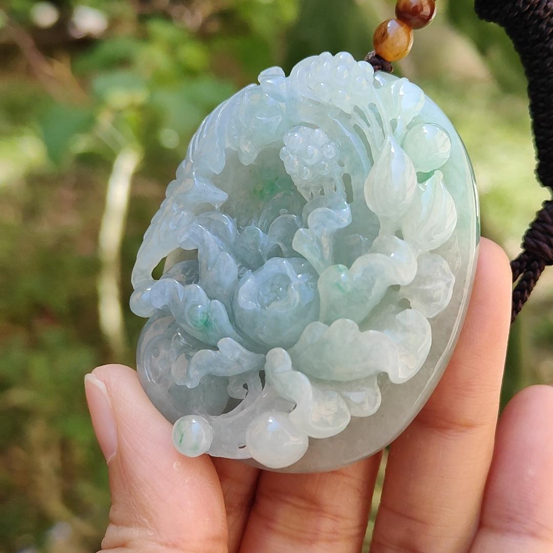 Green with Bluish Green Hue Natural Type A Jadeite Pendant Necklace crafted with Bird and flowers, symbols of Auspiciousness, blessing, Nature and vitality, certificate included weigh 69.39 grams, 55.2 * 45.8 * 15.8 mm, suitable for collection (pendant49) Yi Pin Qian