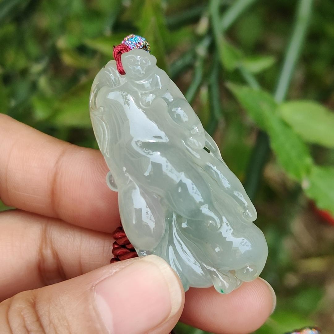 Icy with good translucent glossy texture Natural Type A Jadeite Pendant Necklace, Crafted with Monkey on Chayote symbols of Golden Monkey Brings Longevity and Double Blessings, certificate included weigh 16.84 grams, 44 * 21.3 * 11.8 mm, collectible jade Yi Pin Qian