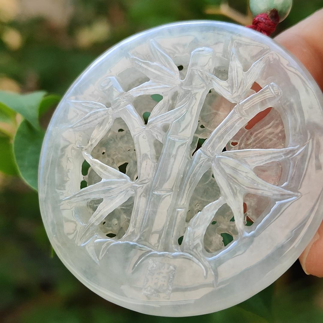 Highly Translucent Icy Natural Type A Jadeite Pendant Carved with Cranes, Pine Trees and Bamboo meaning Endurance, Perseverance and Never fading with Longevity, certificate included weighs 28.38 grams, 52.5 * 52.5 * 6.1 mm, for collection (pendant90) Yi Pin Qian