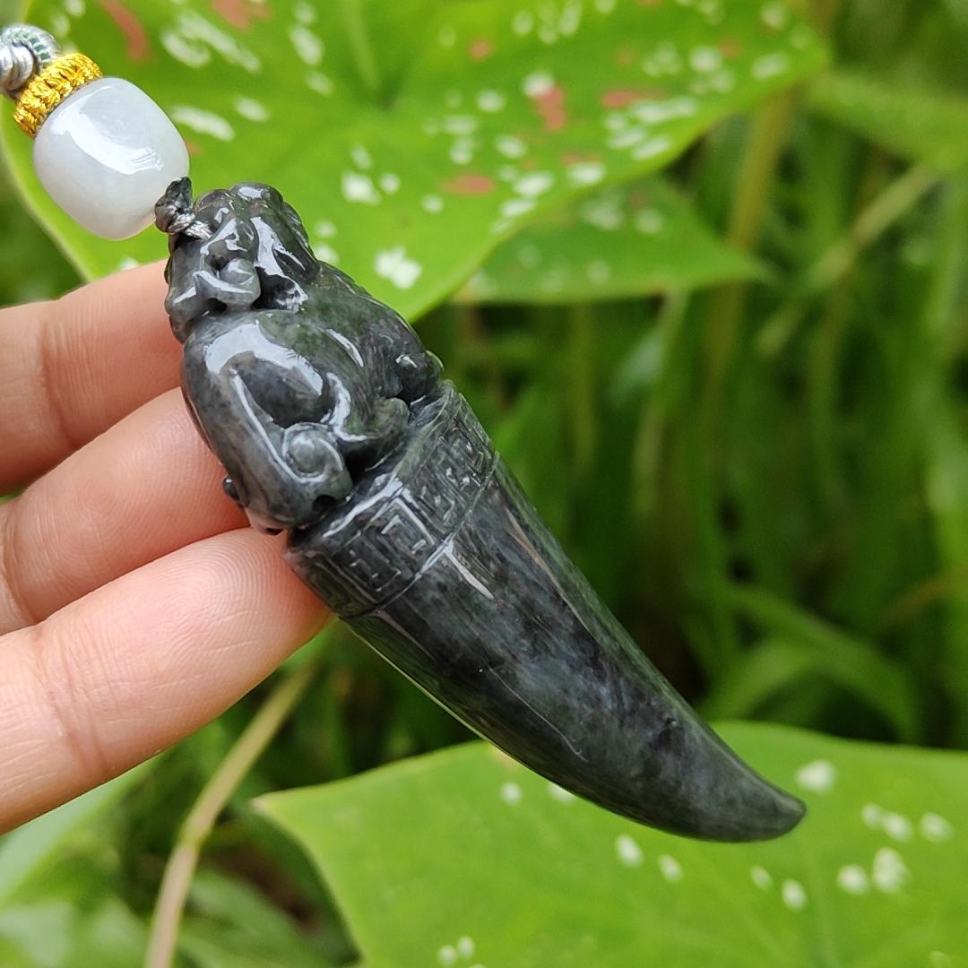 Black Wuji Natural Type A Jadeite Pendant Carved with Dragon Teeth plus Pixiu come with certificate weight 30.85, 70.3 * 23.1 * 13 mm (pendant100) Yi Pin Qian