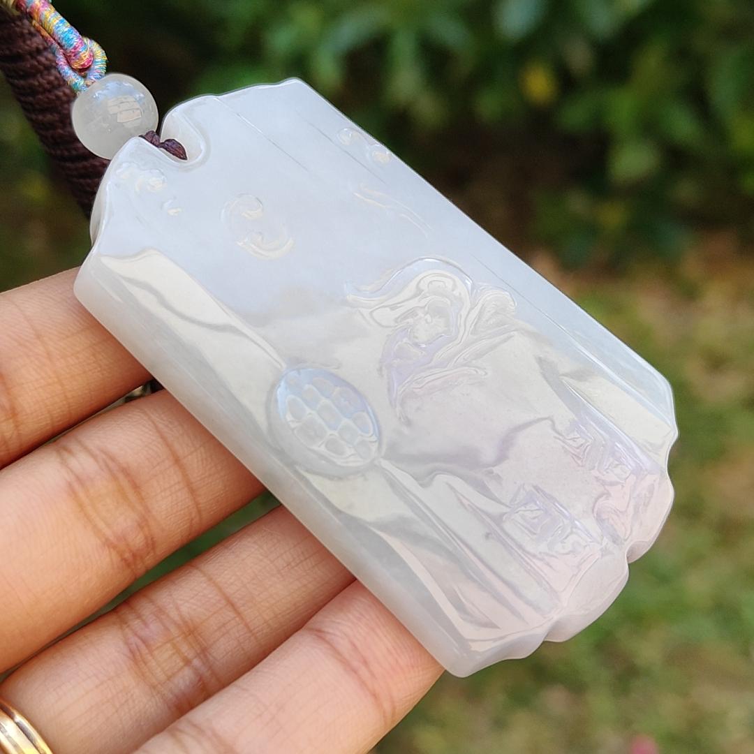 Hugh Light Lavender and Light Green Natural Type A Jadeite Pendant Necklace crafted as Chinese Old School Style pendant with chinese poem at the back, certificate included weigh 54.38 grams, 66.2 * 39.2 * 8.2 mm, collectible or daily wear (pendant38) Yi Pin Qian