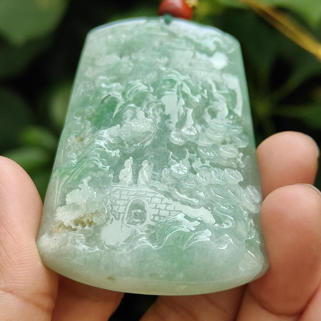 Crafted with Sceneries Pendant on Light Green Natural Type A Jadeite Jade, certificate weighs 63.08 grams, measurement 68.5 * 41.1 * 10.7 mm (pendant350) Yi Pin Qian Jadeites Jade Jewelry ~Your Precious Quintessential ~ Singapore