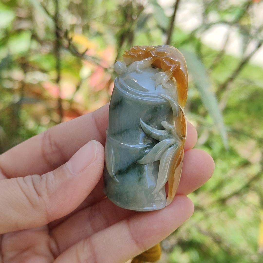 Premium Yellow and Floating Blueish Green (Piaohua) Natural Type A Jadeite Pendant Necklace crafted with Bamboo, Lizard symbols of Wealth, fortune, longevity and wisdom with certificate weigh 37.99 grams, 57.3 * 27.5 * 14.6 mm (pendant47) Yi Pin Qian