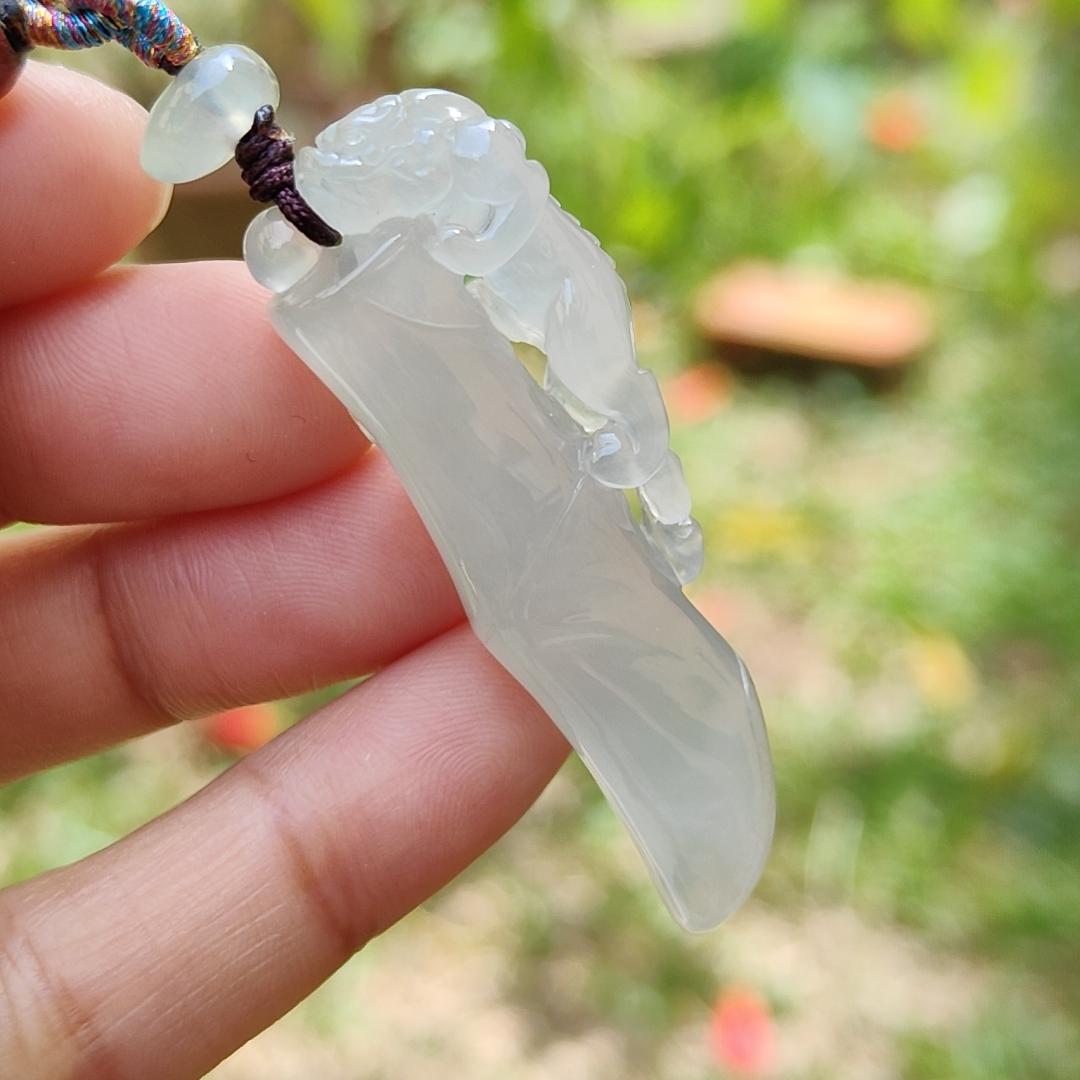 Premium Semi Icy with Light Green Hue Natural Type A Jadeite Jade crafted with Pixiu as a Pendant, certificate included weigh 12.61 grams, measurement 492. * 17.1 * 8.7 mm (pendant202) Yi Pin Qian