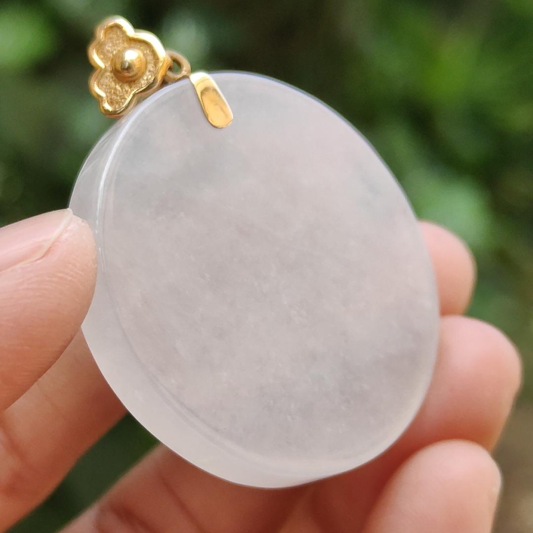 Mid-Year Special - Semi Icy Translucent Natural Type A Jadeite Jade crafted with round shape as Pendant with 18k Gold Clasp, certificate weigh 18.24 grams, measurement 35.2 * 5.5 mm (18kp32) Yi Pin Qian