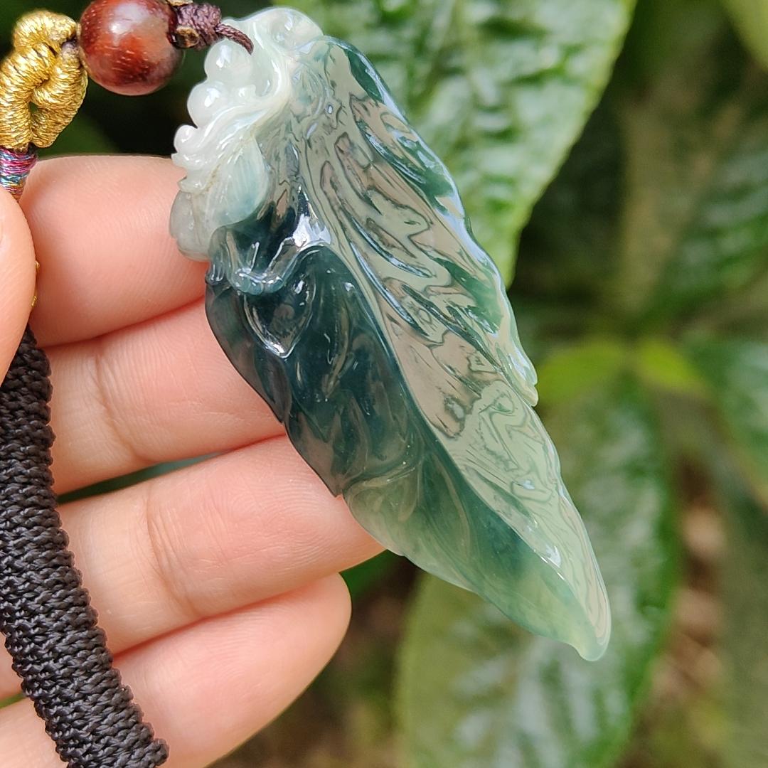 Bluish Dark Green Premium Quality Natural Type A Jadeite Pendant Necklace crafted as leaf with certificate weigh 12.98 grams, 57.7 * 24 * 8 mm, symbols of Great success and rising step by step, career is going smoothly (pendant164) Yi Pin Qian
