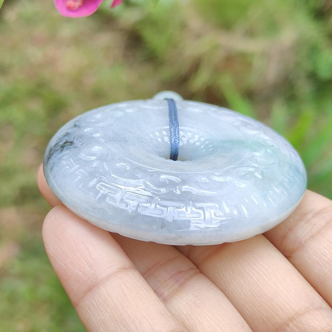 Hugh Natural Type A Jadeite Pendant Crafted as Dounut with beautiful archaize style with floating green and some wuji with Purple Hue, QIC Labs approved cert weigh 71.13 grams, 54.3 * 54.3 * 12.2 mm, symbols of Everything is going well (pendant64) Yi Pin Qian