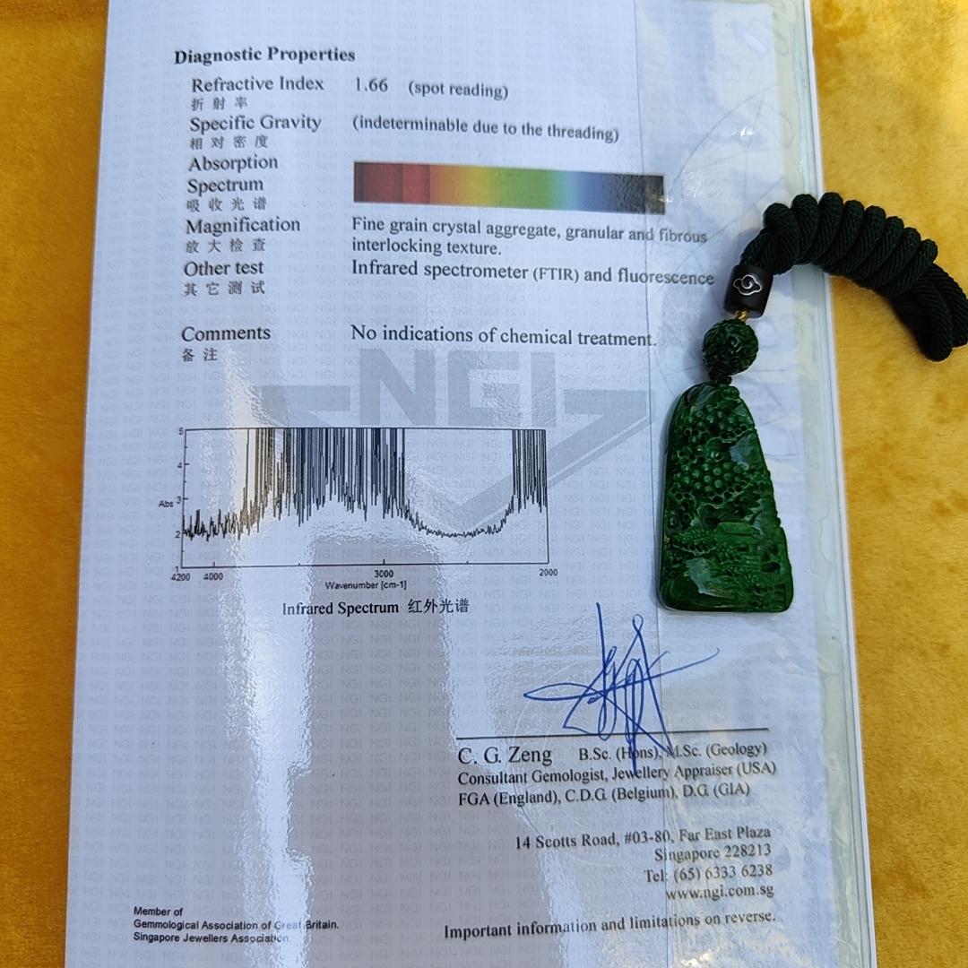 Dark Green Natural Type A Jadeite carved with scenery pendant with NGI Gemstone report weight 19.21 grams , 43.10 * 25.36 * 7.50 mm , Semi Translucent to opaque fine grain crystal aggregate - Good for daily wear pendant (pendant152) Yi Pin Qian