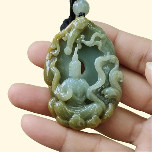 #Sold - Good Quality Yellow and Green Natural Type A Jadeite Jade crafted with Ruyi and Faceless Buddha as Pendant, QIC approved labs certificate weigh 45.18 grams, measurement 53.1 * 38.3 * 14.8 mm (pendant273)