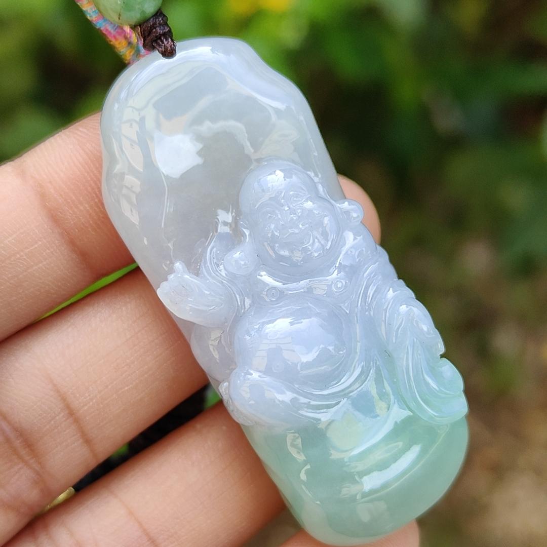 Lavender and Green Natural Type A Jadeite Pendant crafted with Milo Buddha represent Compassionate, tolerant, optimistic and open-minded with certificate weight 29.40 grams, 50.80 * 20.80 * 13.60 mm suitable for daily wear (pendant108) Yi Pin Qian