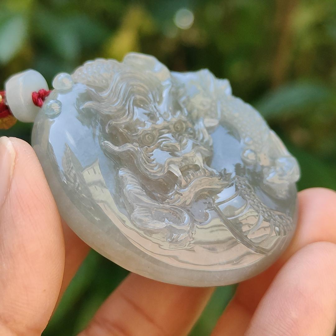 Light green with Brown fine quality Natural Type A Jadeite Pendant carved with dragon meaning wisdom, Auspiciousness, strength and independence with certificate weigh 41.21 grams, 46 * 40.60 * 10.80 mm, very suitable for daily wear (pendant91) Yi Pin Qian