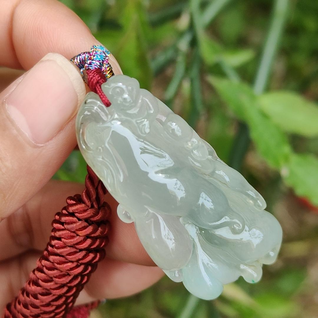 Icy with good translucent glossy texture Natural Type A Jadeite Pendant Necklace, Crafted with Monkey on Chayote symbols of Golden Monkey Brings Longevity and Double Blessings, certificate included weigh 16.84 grams, 44 * 21.3 * 11.8 mm, collectible jade Yi Pin Qian