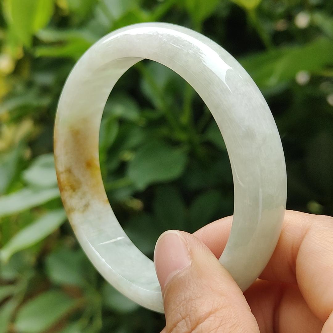 57.7 mm Crafted as Peace bangle on Burmese with light green hue and brown Natural Type A Jadeite Jade, certificate weighs 60.36 grams, Width 14mm, Thickness 7.5mm (bangle17) Yi Pin Qian Jadeites Jade Jewelry ~Your Precious Quintessential ~ Singapore