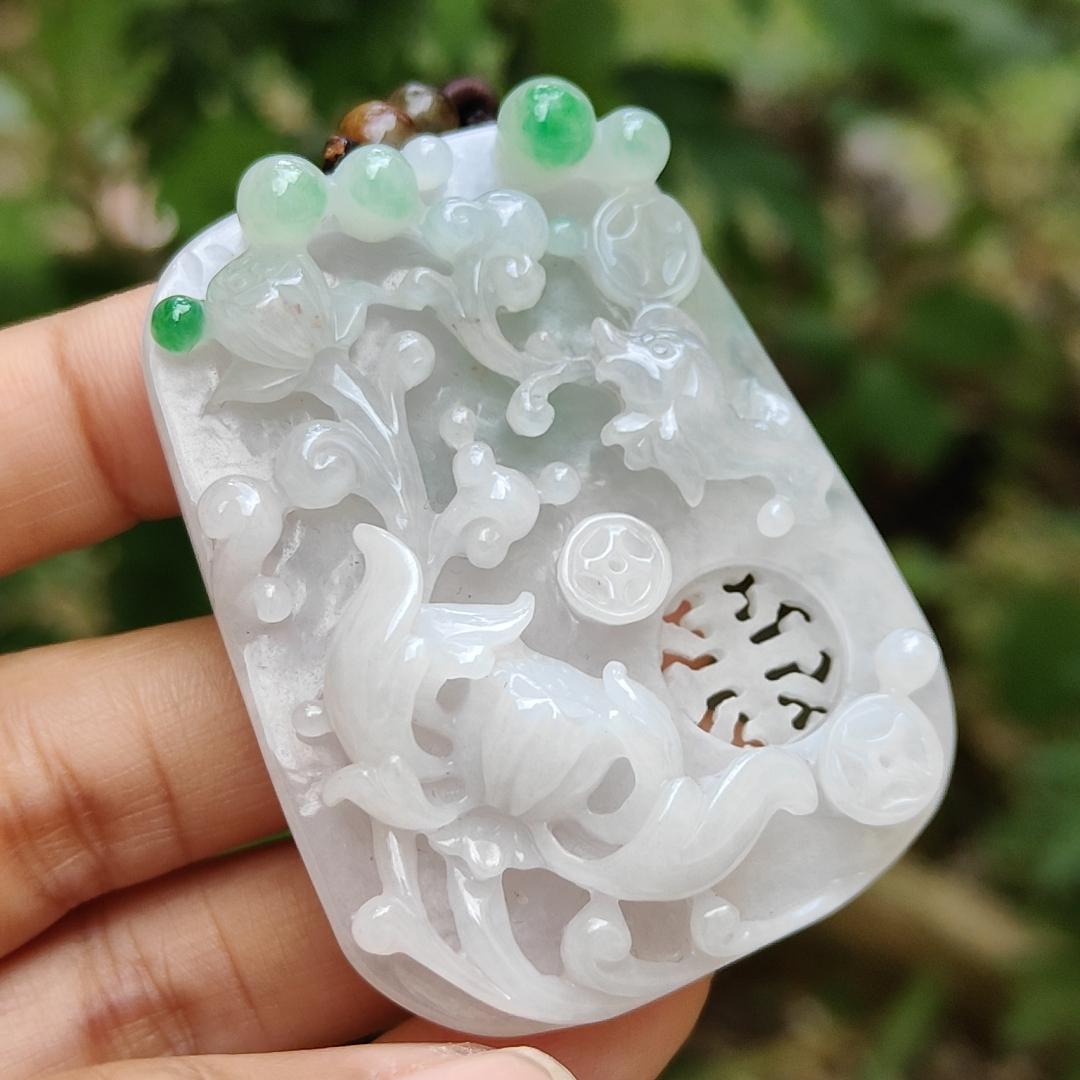 Old school hollow style Green and White Natural Type A Jadeite Jade crafted with flowers and coins as a pendant necklace with certificate weigh 41.56 grams, measurement 56.3 * 43.2 * 11.8 mm (pendant204) Yi Pin Qian