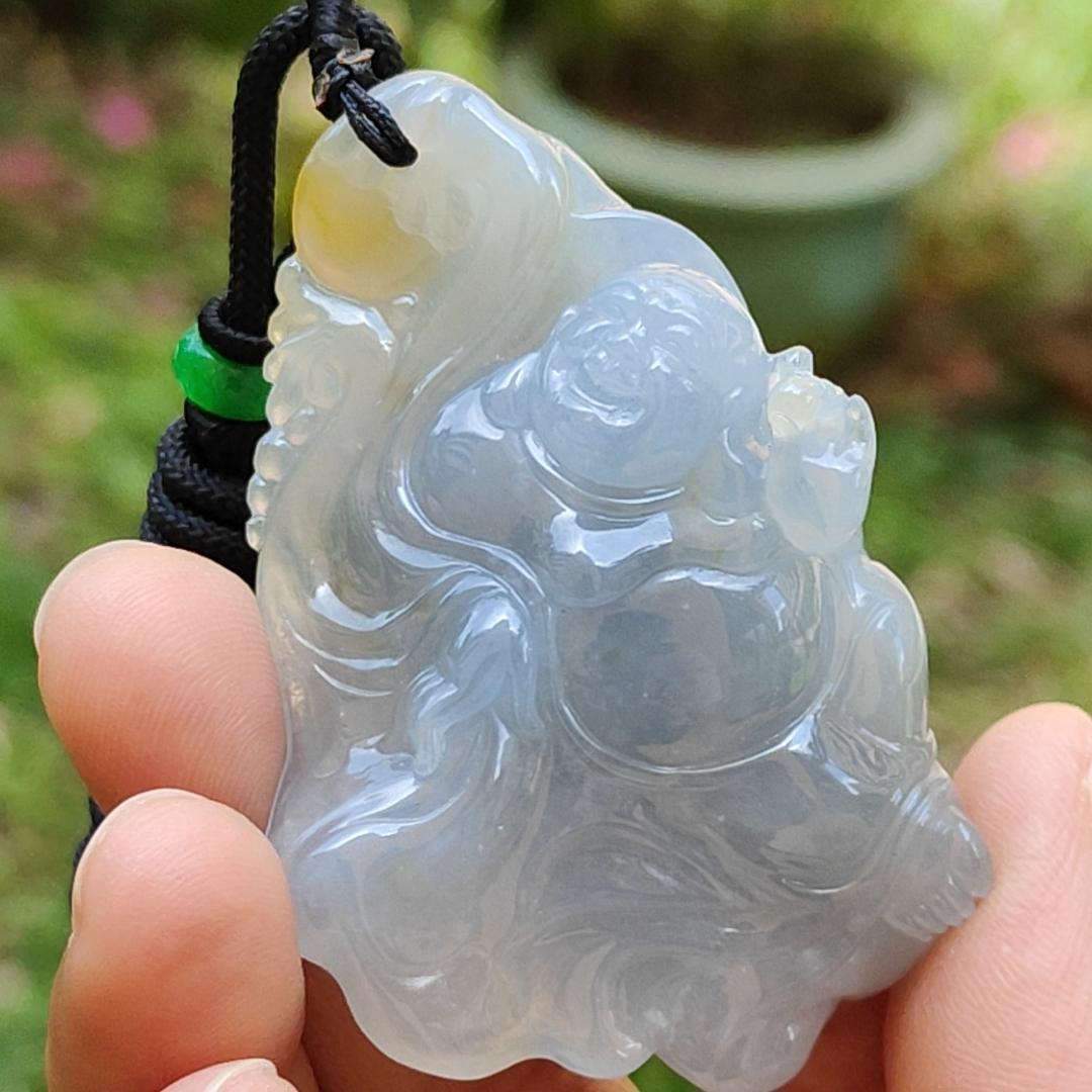 High Premium Light Lavender and Yellow Natural Type A Jadeite Jade crafted with Milo Buddha as Pendant, certificate weighs 49.13 grams, measurement 58.6 * 39.5 * 18.7 mm (pendant284) Yi Pin Qian