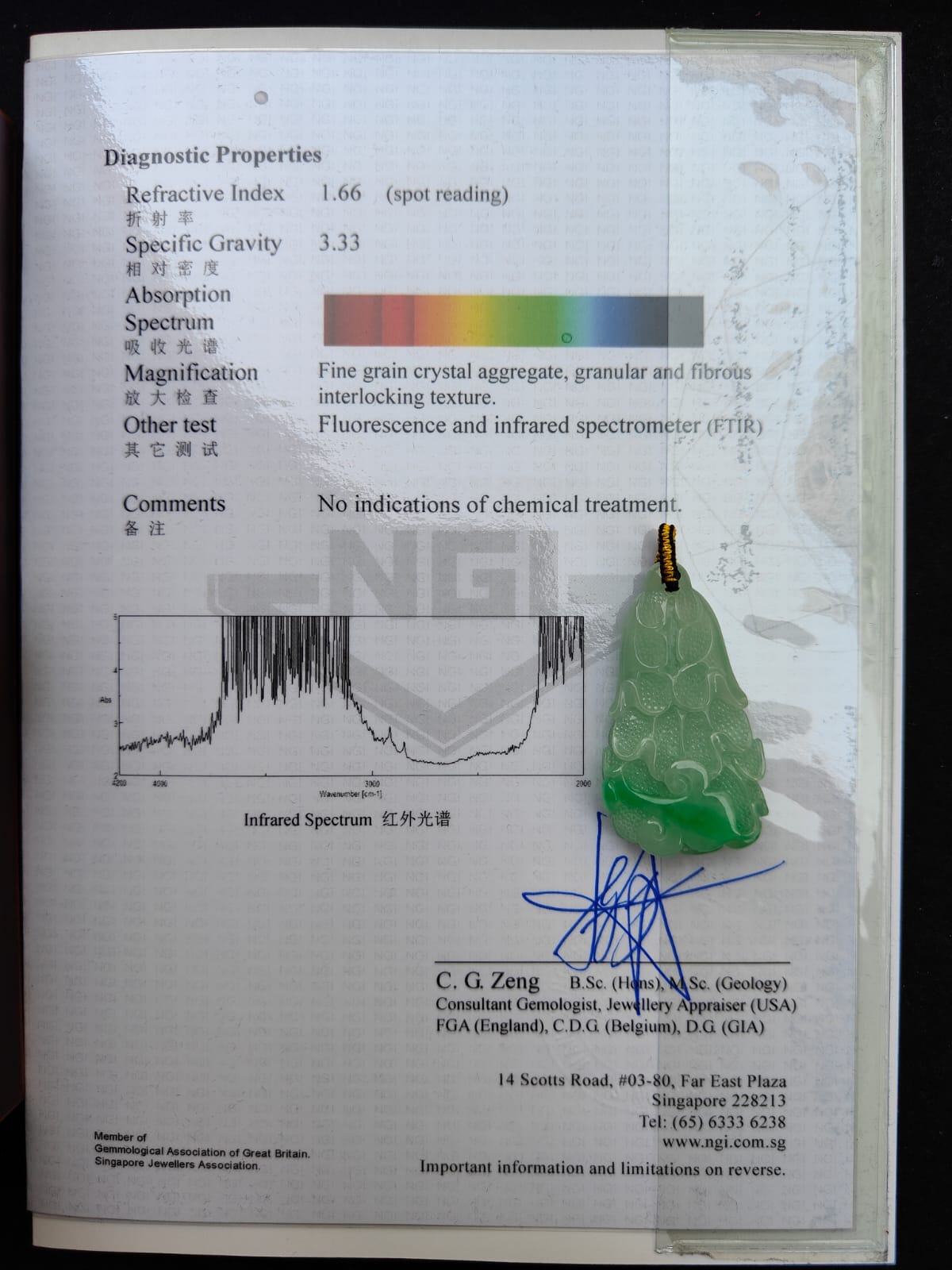 Premium quality White with green patches Ruyi Cabbage Natural Type A Jadeite Pendant with NGI Gemstone report weight 124.96 grams, 49.88 * 27.31 * 15.96 mm , Translucent fine grain crystal aggregate (pendant134) Yi Pin Qian