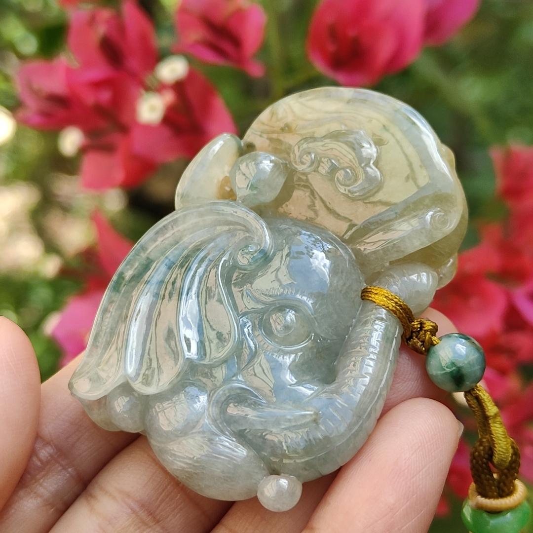 Light green and Yellow Natural Type A Jadeite Pendant, a rare collection carved with Monkey, Elephant and Ruyi, symbols of Wisdom, strength, authority, good luck and protection, certificate included weigh 47.85 grams, 55.7 * 36 * 13.8 mm (pendant74) Yi Pin Qian