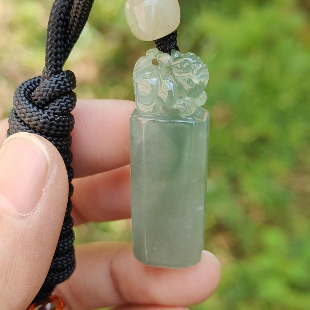 An Excellent Piece of Green Natural Type A Jadeite Pendant Necklace or Stamp crafted with Pixiu boosting Incoming Money and power with certificate weigh 13.16 grams, 41.2 * 13.6 * 8.7 mm , (pendant137) Yi Pin Qian