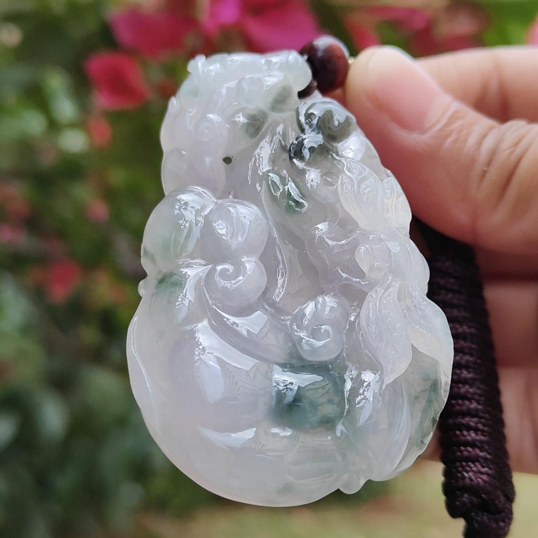 Premium Good Quality Light Lavender and Light Green Natural Type A Jadeite Jade crafted with Dragonfly, Ruyi as Pendant, certificate weigh 35.87 grams, measurement 63 * 38.3 * 10 mm (pendant236) Yi Pin Qian