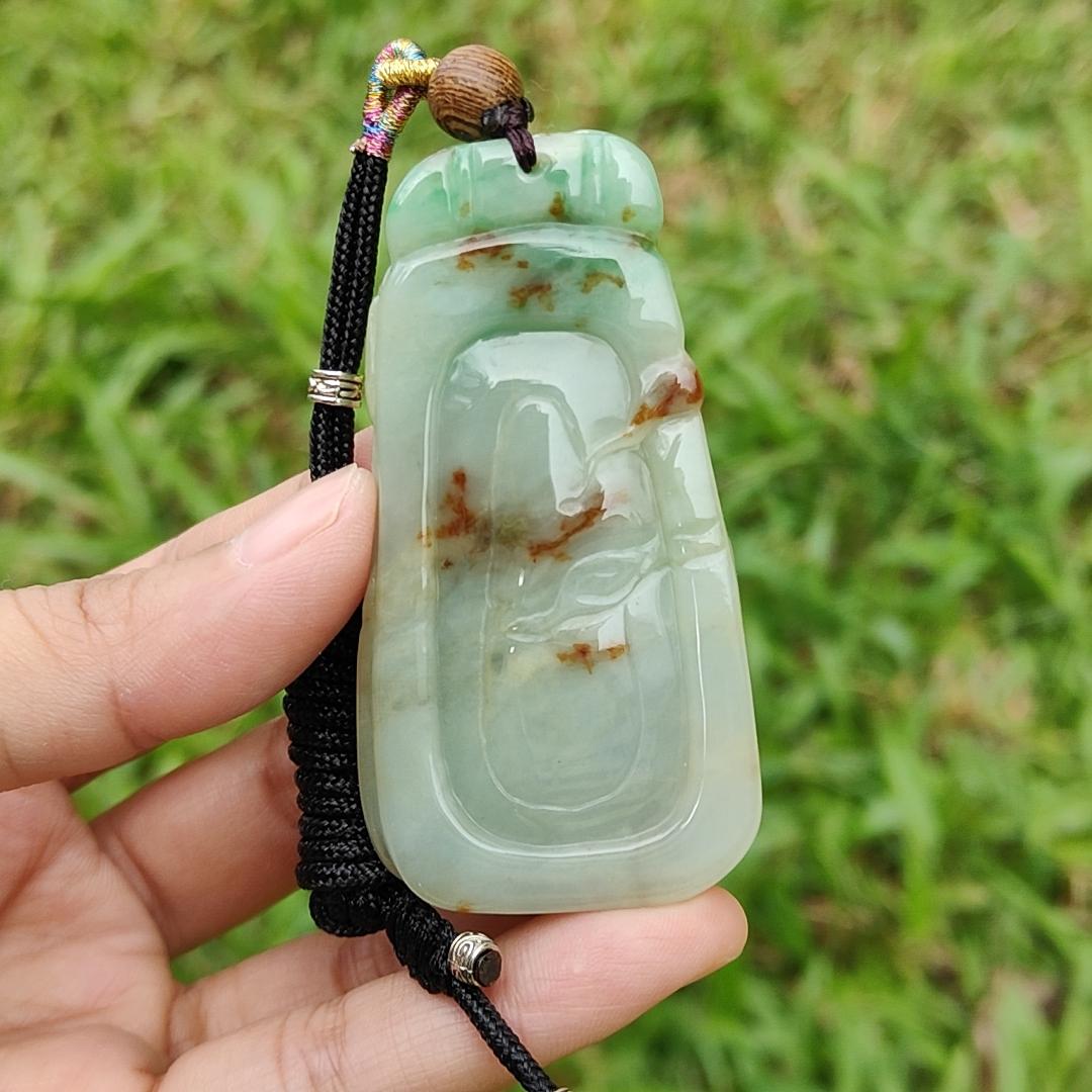 Green with Red Patches Natural Type A Jadeite Pendant Necklae Crafted with Old School Phoenix and ruyi with certificate weigh 50.24 grams, 67.7 * 35 * 11.8 mm, symbols of Good luck and a good life noble authority (pendant23) Yi Pin Qian