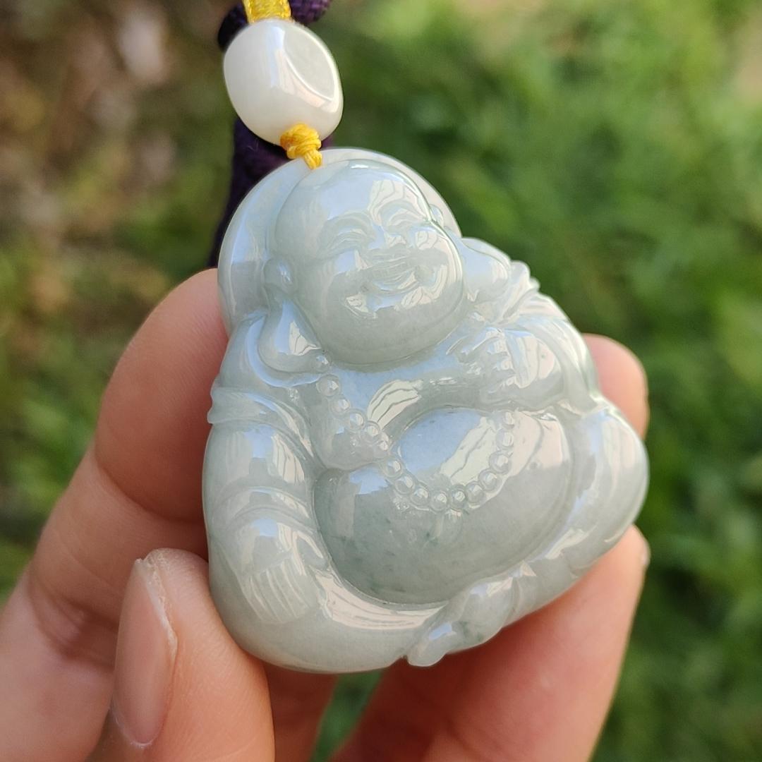 Light Green with green patches Natural Type A Jadeite Jade Pendant Necklace crafted as Laughing Buddha with certificate weigh 36.66 grams, 40.3 * 37.5 * 15 mm (pendant165) Yi Pin Qian
