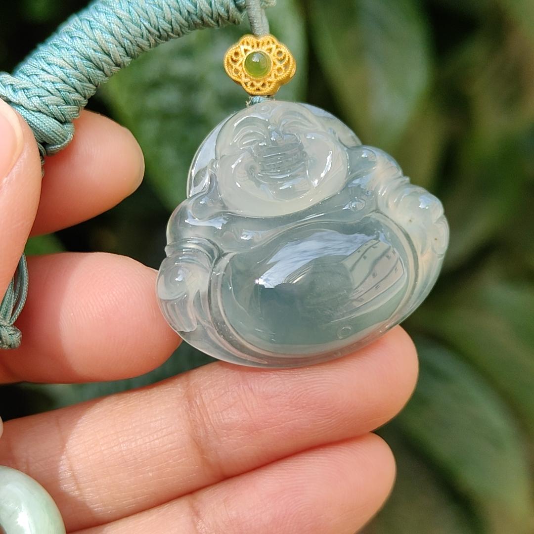Old Pit Icy Bluish Green Natural Type A Jadeite Pendant Necklace crafted as Laughing Buddha with certificate weigh 13.48 grams, 27.7 * 31.6 * 7.2 mm (pendant162) Yi Pin Qian