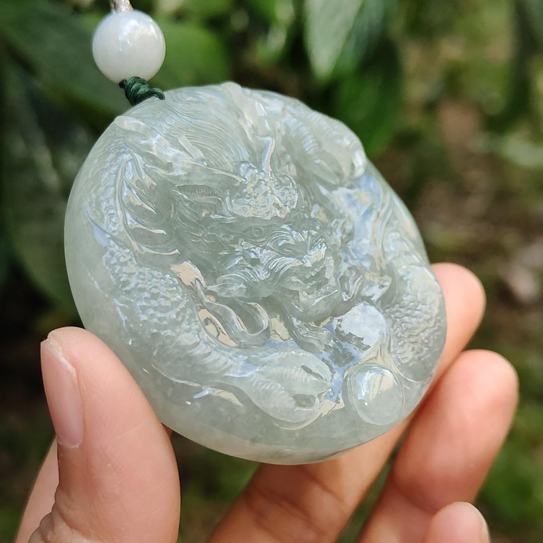 Premium Full Light Green Natural Type A Jadeite Jade Pendant Necklace crafted with Dragon with good glossy shines, certificate included weigh 77.81 grams, 55.5 * 55.5 * 13.8 mm (pendant169) Yi Pin Qian