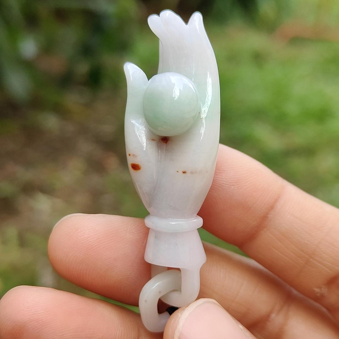 Light Green with Red patches Natural Type A Jadeite Jade crafted as Buddha Hand Pendant, QIC labs approved certificate weighs 15.32 grams, measurement 52.5 * 16 * 13.8 mm (pendant255) Yi Pin Qian