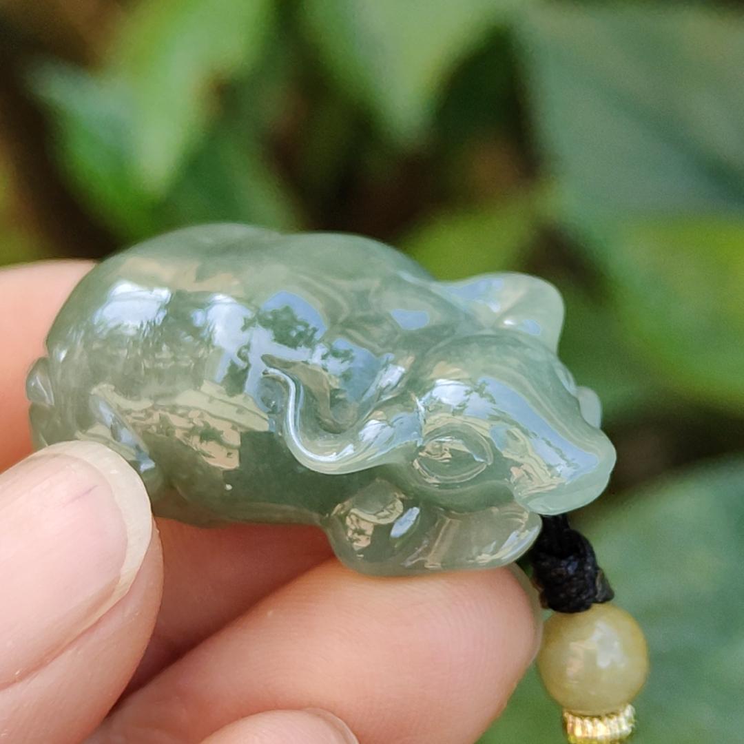 Oil Green Natural Type A Jadeite Pendant carved as water buffalo representing Hardworking and Simple, Unstoppable, Strong and Healthy and Turn the Tide, certificate include weighs 14.56 grams, 34.6 * 23.6 * 11.5 mm, suitable for daily wear (pendant80) Yi Pin Qian