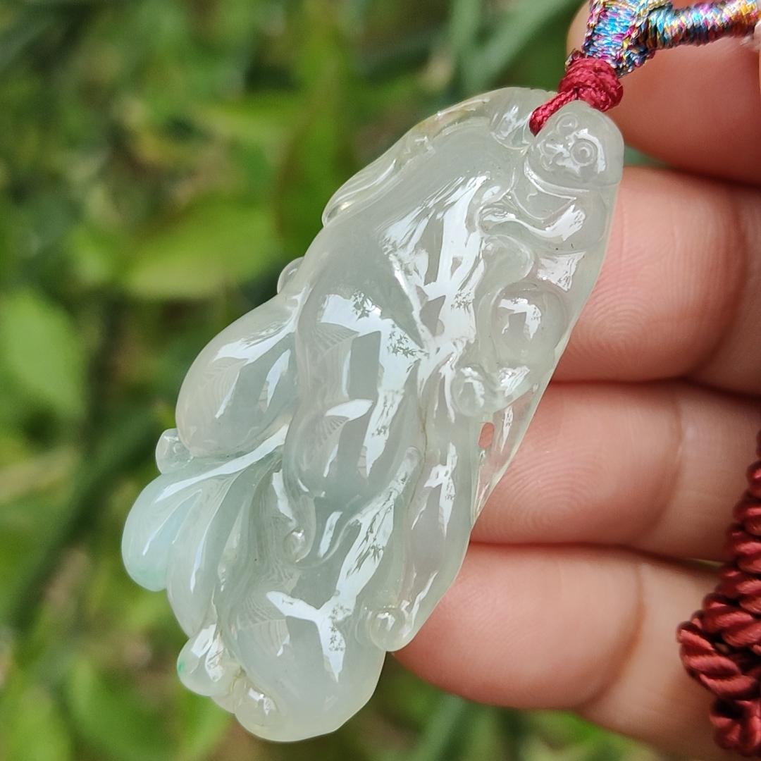 Icy with good translucent glossy texture Natural Type A Jadeite Pendant Necklace, Crafted with Monkey on Chayote symbols of Golden Monkey Brings Longevity and Double Blessings, certificate included weigh 16.84 grams, 44 * 21.3 * 11.8 mm, collectible jade Yi Pin Qian
