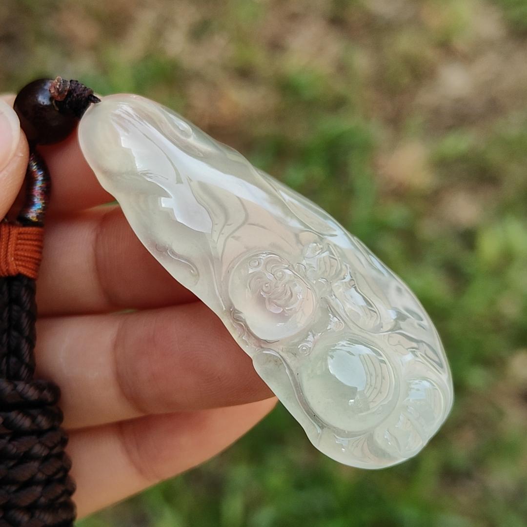 Highly Translucent Premium Icy Natural Type A Jadeite Pendant Necklace crafted as Milo Buddha with certificate, weigh 14.78 grams, 55 * 24.50 * 6.60 mm, symbols of Wealth, luck, prosperity, optimism, and hope, suitable for collections (pendant55) Yi Pin Qian