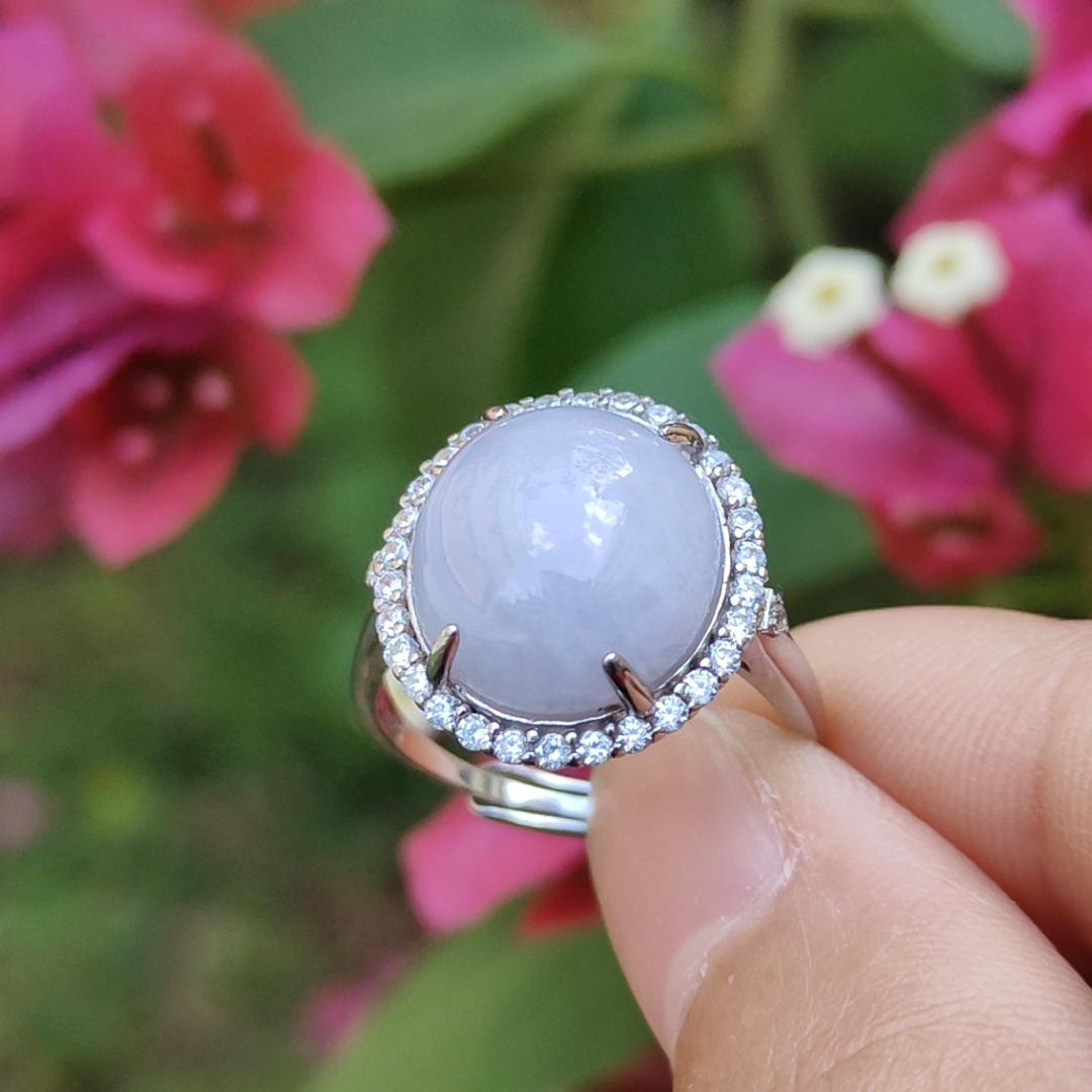 Lavender Cabochon set on S925 Silver adjustable ring Natural Type A Jadeite with QIC Labs approved certificate included weigh 3.99 grams, 13.8 * 12.3 * 5.7 mm suitable for all occasions (s925ring1) Yi Pin Qian