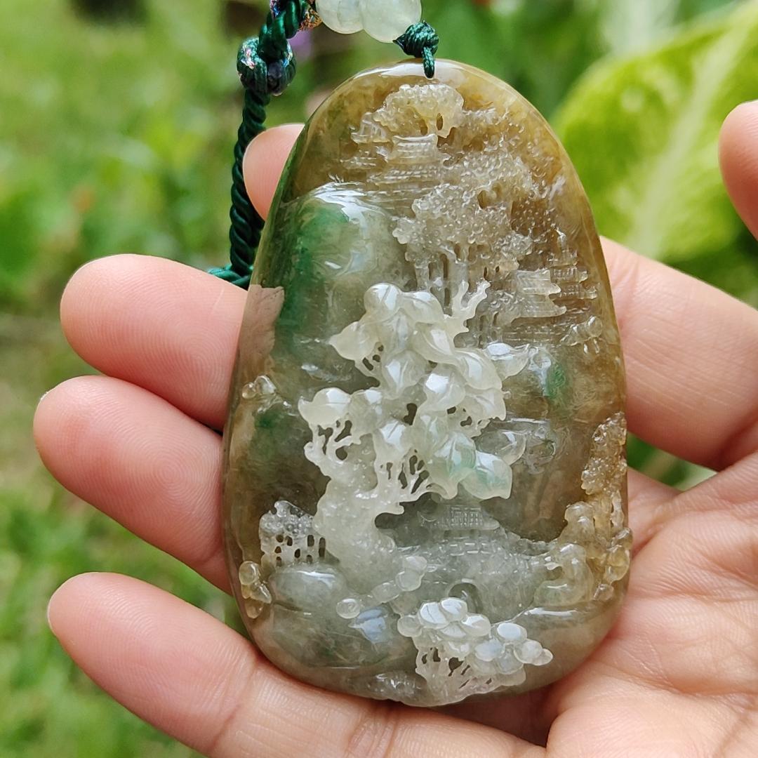 Hugh, Rare, High-Quality Brown with Light Green Natural Type A Jadeite Jade crafted with Sceneries as Pendant, certificate weighs 67.2 * 43.3 * 19.3 mm (pendant266) Yi Pin Qian