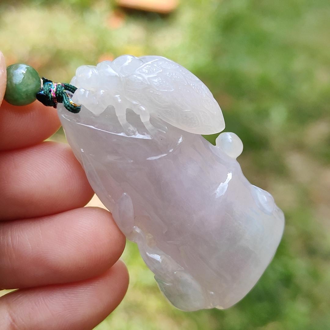 Lavender with little light green Natural Type A Jadeite Jade crafted as Bamboo and Bee as a Pendant, certificate weigh 33.64 grams, measurement 49.7 * 25.1 * 13.2 mm (pendant199) Yi Pin Qian