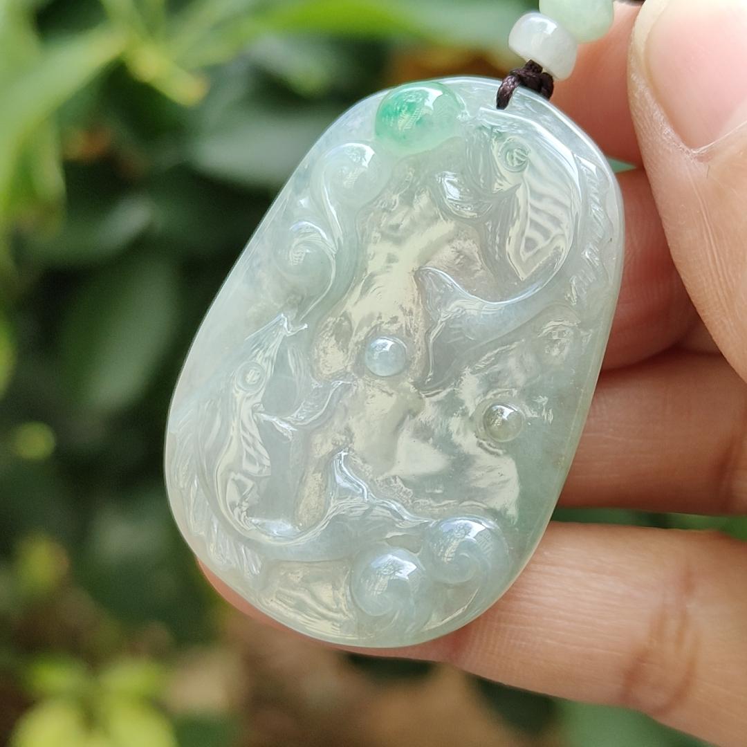 Crafted with pair of fish on Natural Type A Jadeite Jade as pendant certificate weighs 13.22 grams, measurement 42.8 * 30.3 * 5.2 mm (pendant343) Yi Pin Qian Jadeites Jade Jewelry ~Your Precious Quintessential ~ Singapore