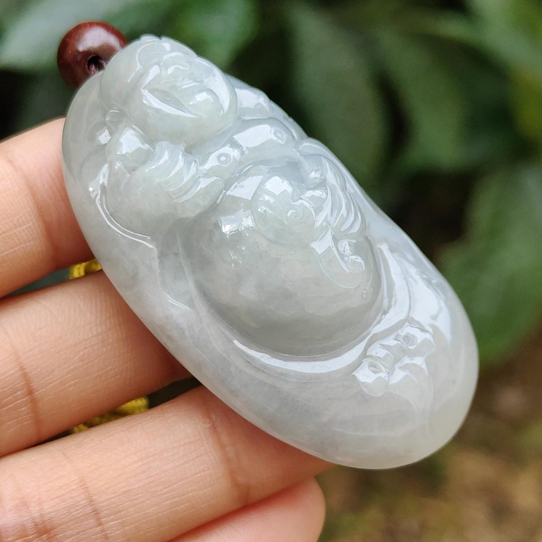 High Quality Light Green Hue Natural Type A Jadeite Jade crafted as Milo Buddha for Pendant, certificate weighs 44.34 grams, measurement 52.6 * 29.6 * 17.5 mm (pendant289) Yi Pin Qian