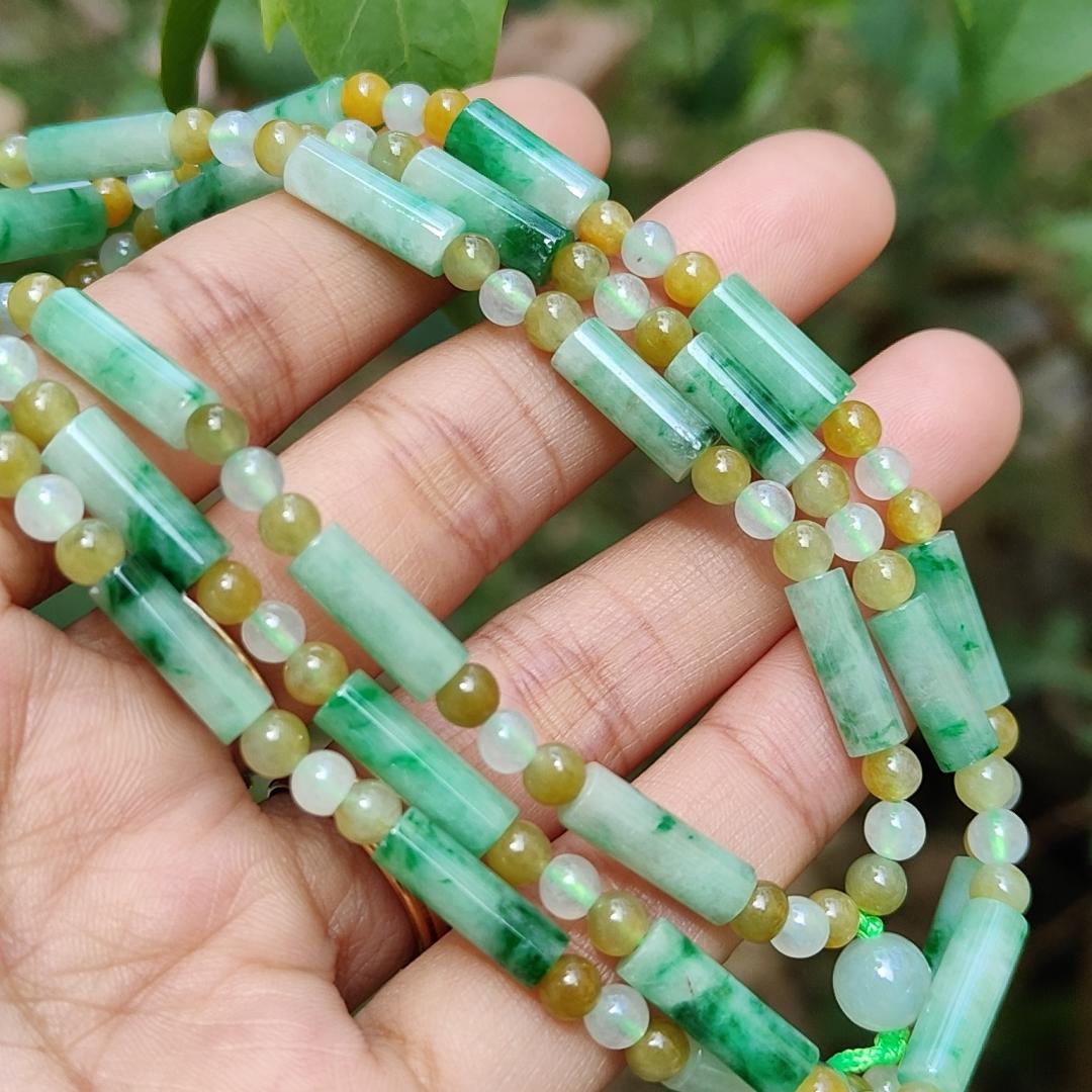 Green, Yellow, Semi Icy White Mix Beads Natural Type A Jadeite Jade as Bracelet or Necklace for your pendant with certificate weigh 31.94 grams. (bracelet18) Yi Pin Qian