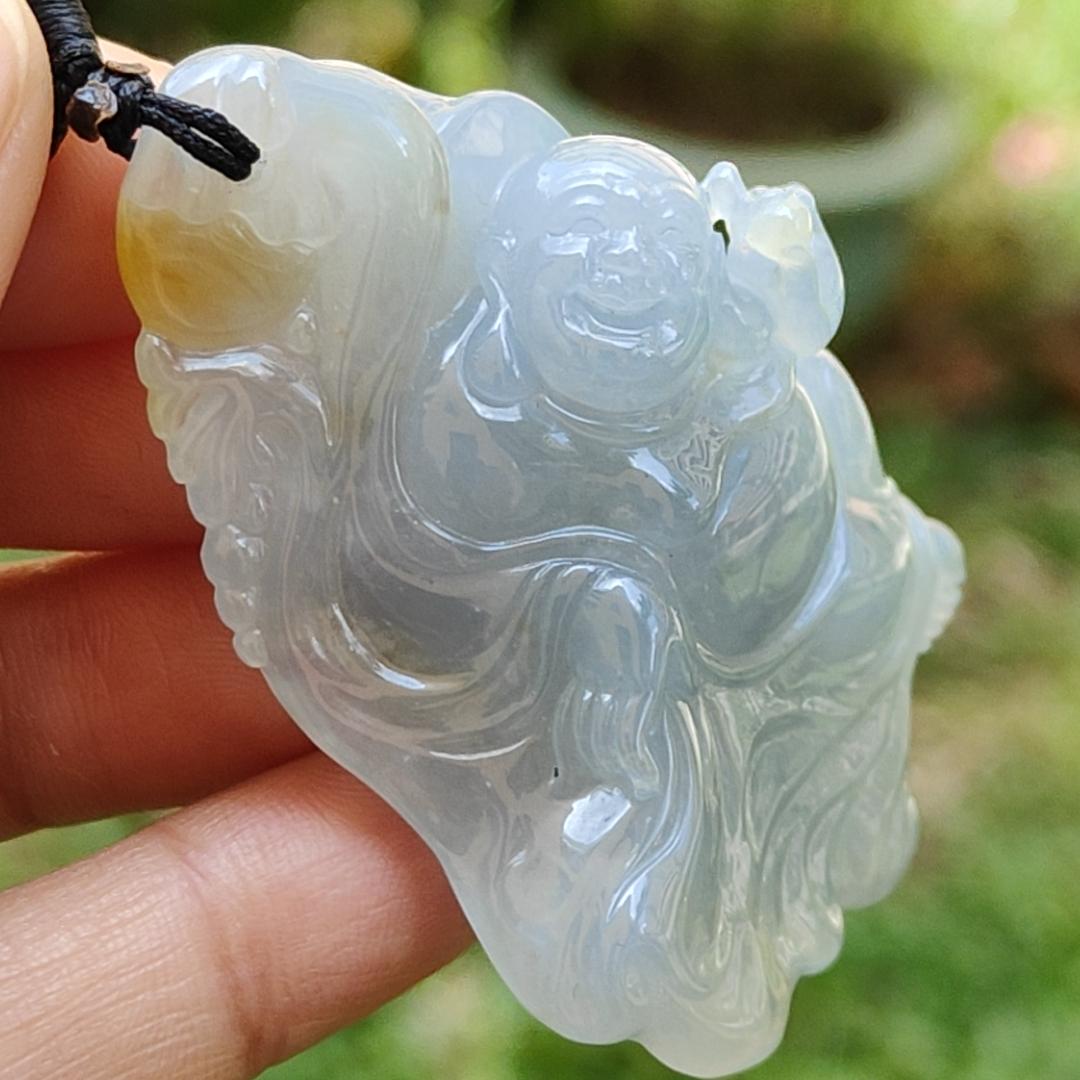 High Premium Light Lavender and Yellow Natural Type A Jadeite Jade crafted with Milo Buddha as Pendant, certificate weighs 49.13 grams, measurement 58.6 * 39.5 * 18.7 mm (pendant284) Yi Pin Qian