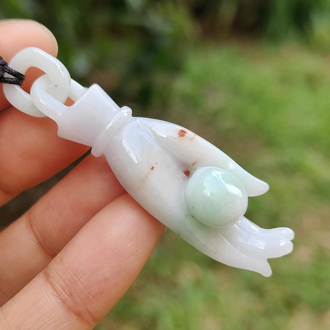 Light Green with Red patches Natural Type A Jadeite Jade crafted as Buddha Hand Pendant, QIC labs approved certificate weighs 15.32 grams, measurement 52.5 * 16 * 13.8 mm (pendant255) Yi Pin Qian